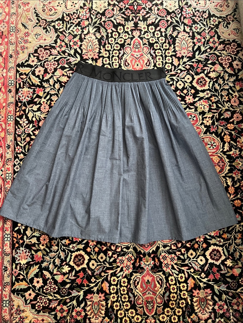 Moncler Pleated A-Line Gonna Chambray Blue Midi Skirt Small Medium